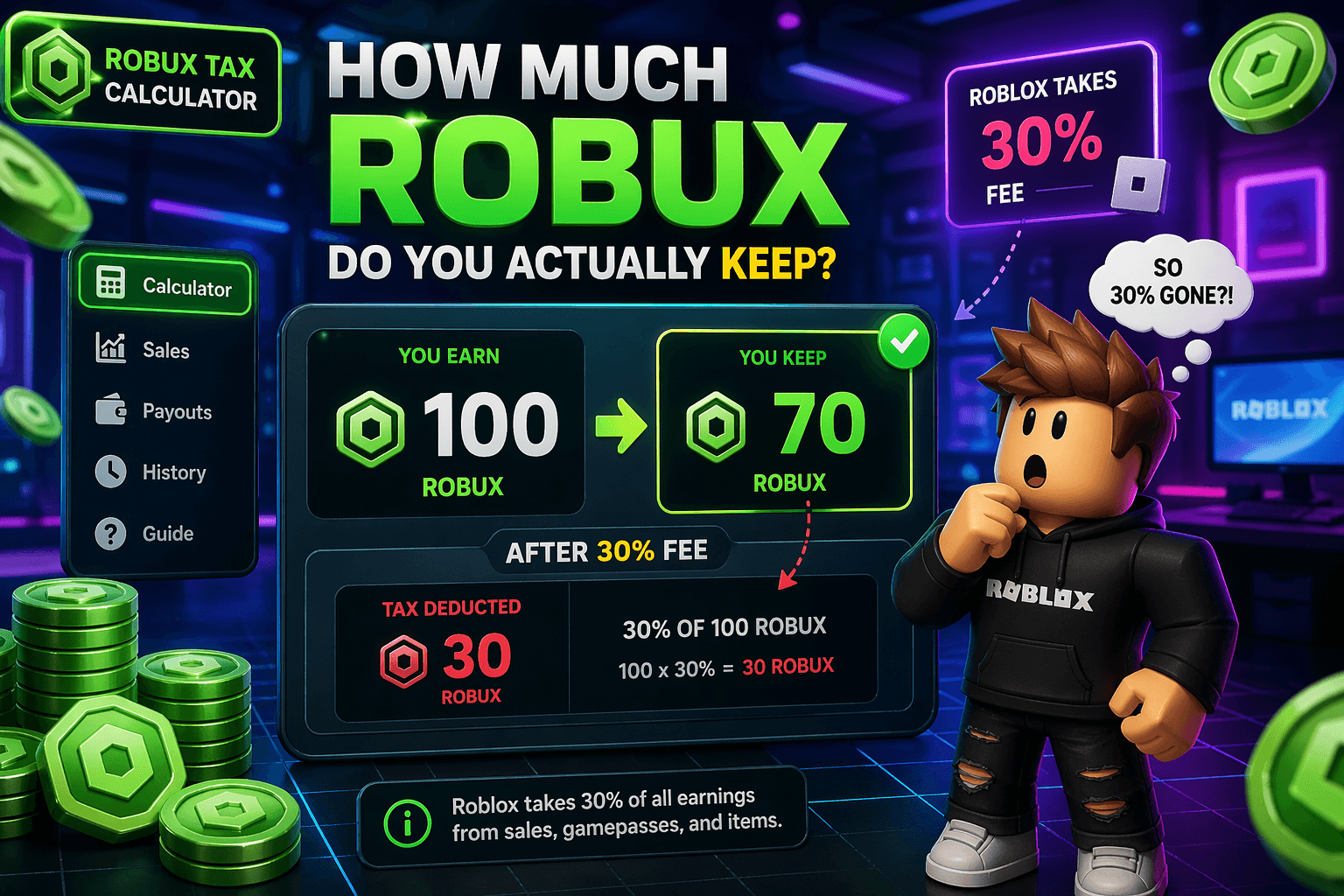 Robux Tax Calculator 2026 — Calculate 30% Roblox Fee Instantly